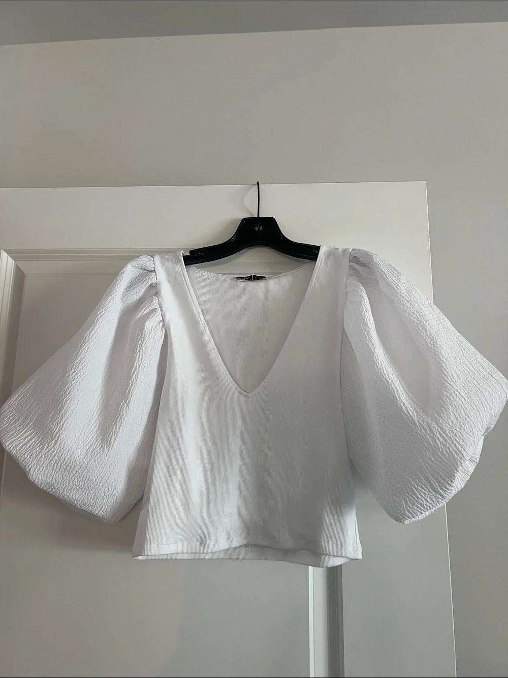 White V-Neck Puff Sleeve Women's Top